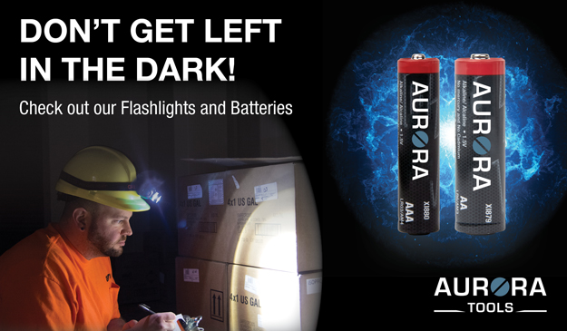 Aurora Tools Flashlight and batteries Ad